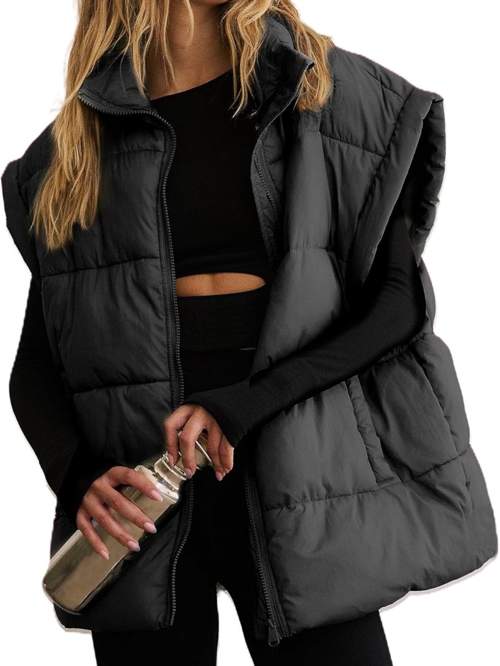 Quilted Sleeveless Puffer Vest - Black
